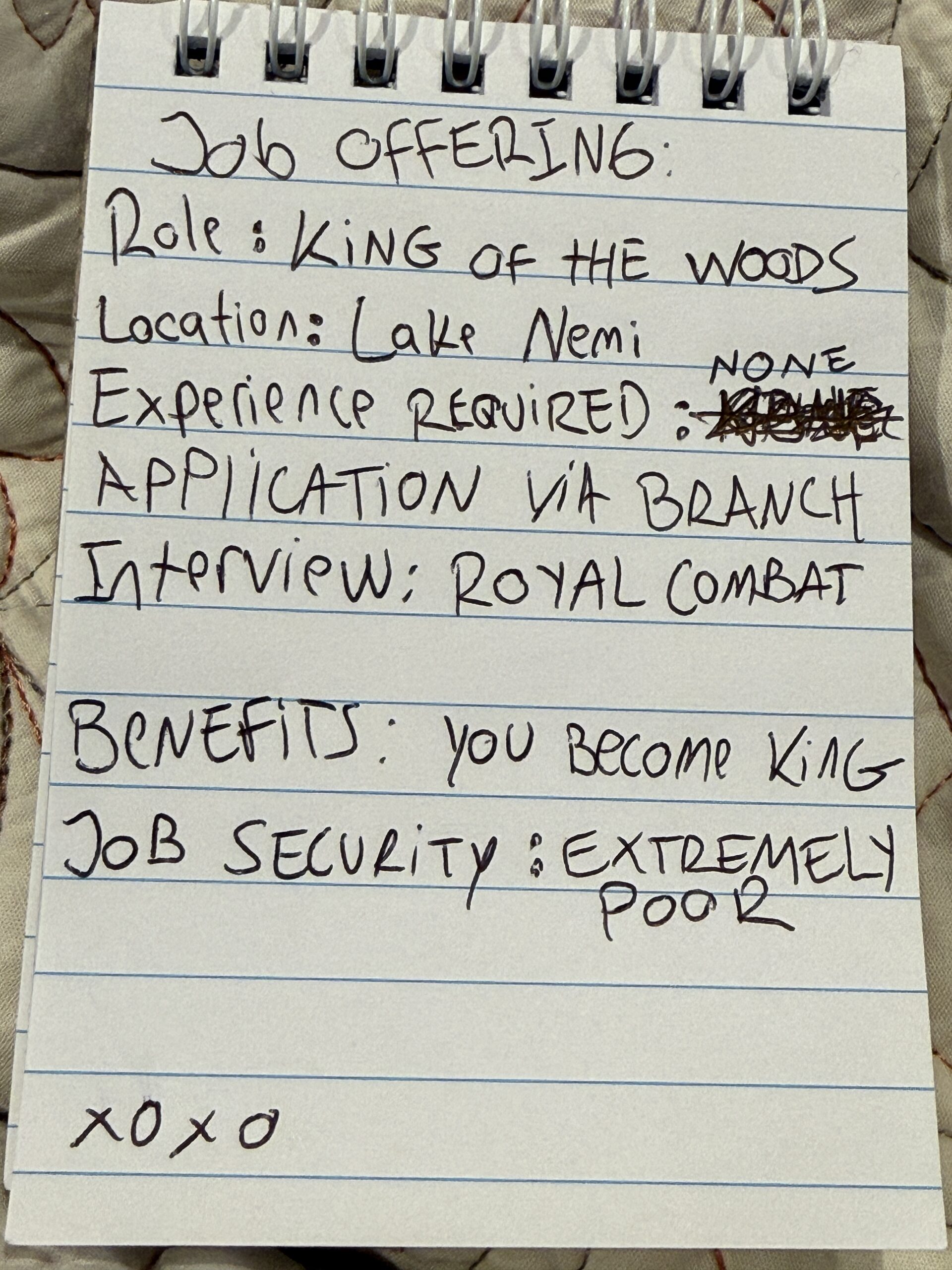 Handwritten job listing for the King of the Woods