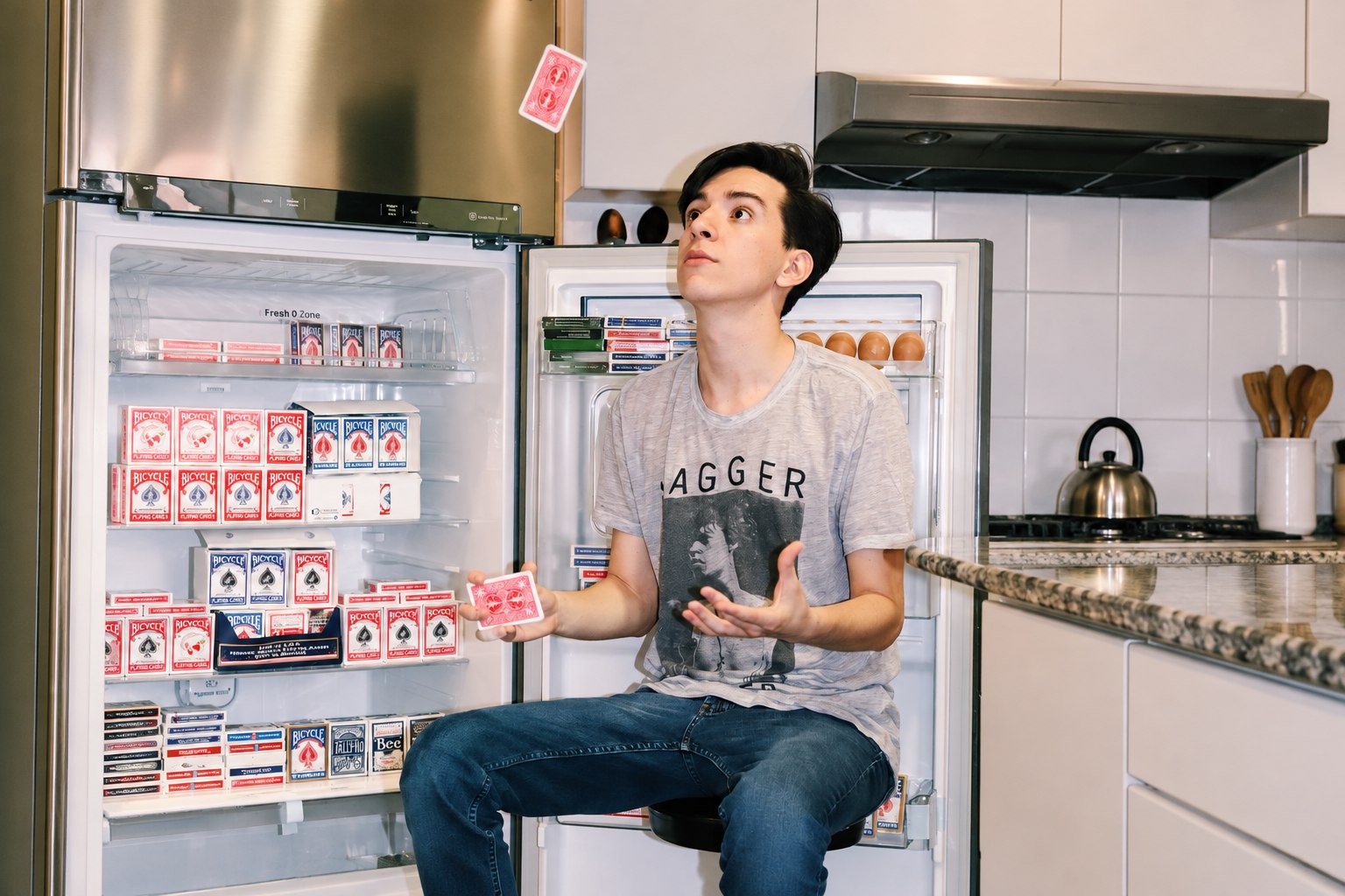 Magician presenting an LG refrigerator in a product-placement collaboration.