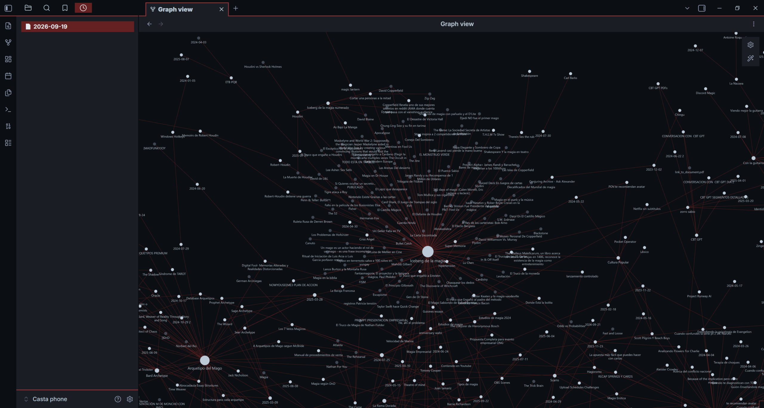 Detailed Obsidian graph view showing linked notes across magic, psychology and creative research.