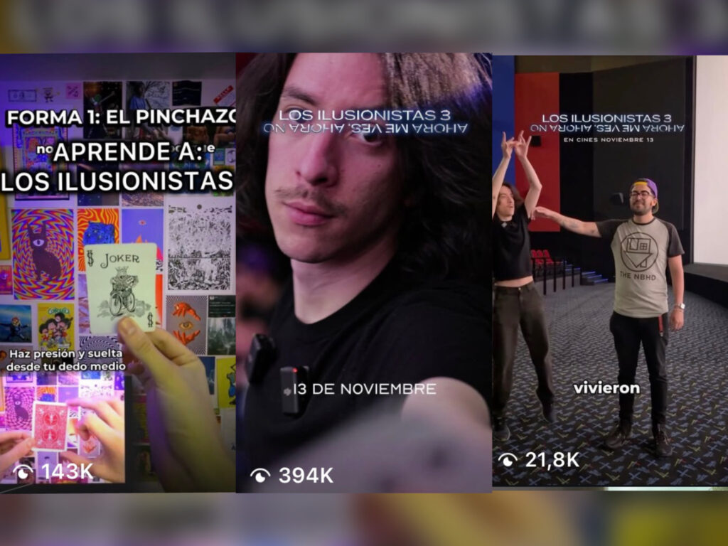 Three social posts featuring card magic and a cinema interaction for Los Ilusionistas 3.