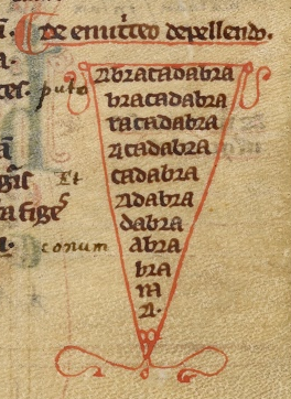 Close-up of the Abracadabra charm in a thirteenth-century British Library manuscript.