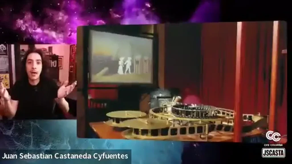 Sebastián explaining early projection and the connection between magic and cinema during the Cine Colombia film-club workshop.