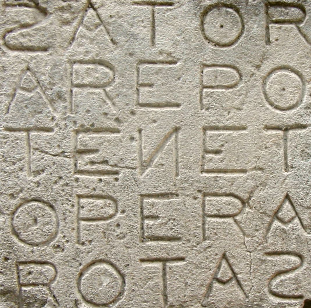Readable Sator square carved into stone at Oppède, France.